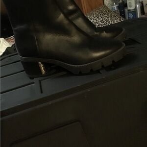 Coach Black Leather Lug Sole Ankle Boots with Gold Heel Detail